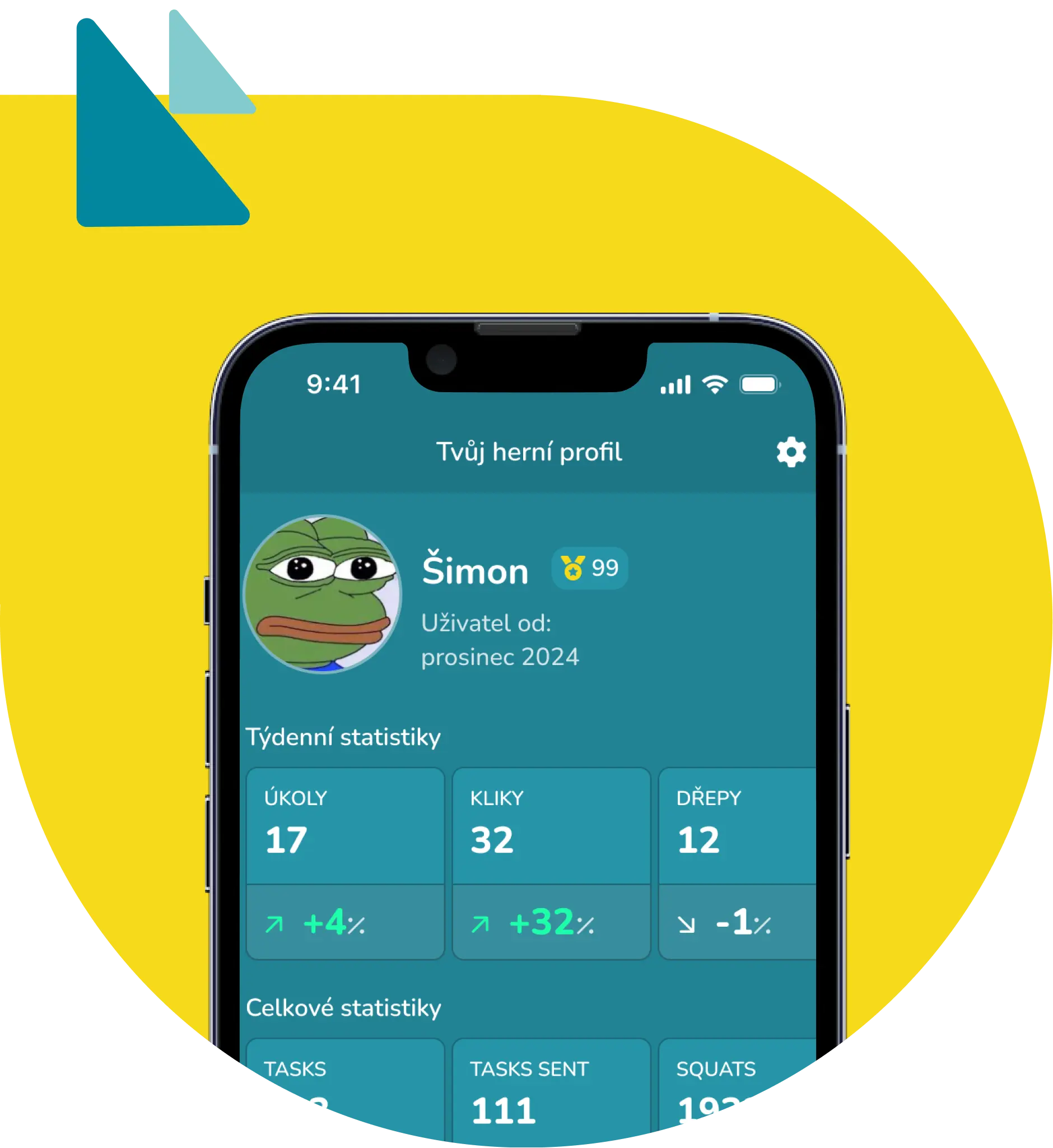 Profil uživatele s průměrnými statistiky výkonu v aplikaci GO10!