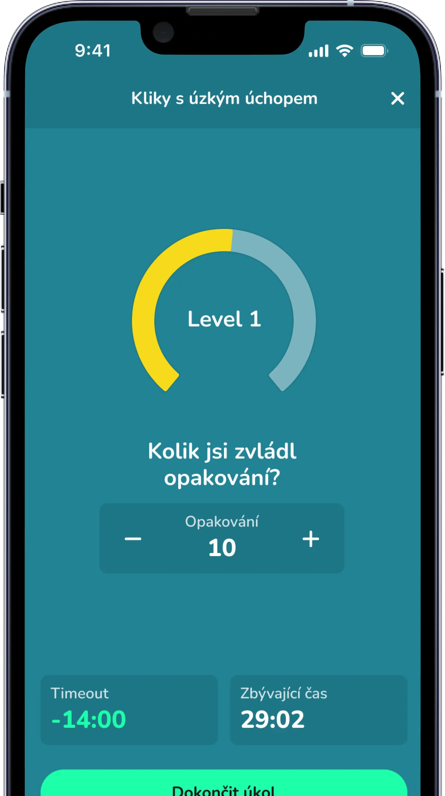 Úspěšně dokončený úkol, uživatel vybírá a potvrzuje počet opakování v GO10!
